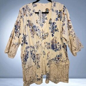 Solitaire‎ Anthropologie Crochet Lace Cream/Blue Floral Kimono Boho 1X NWT